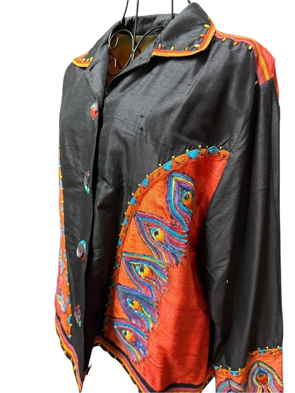 Sandy Starkman Silk Embroidered Black Jacket with Vibrant Orange Panels XL - Picture 5 of 8